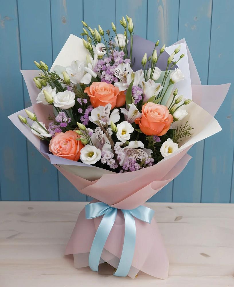 Букет цветов из: Лизиантусы, Розы, Альстромерии и Гипсофила в Морках