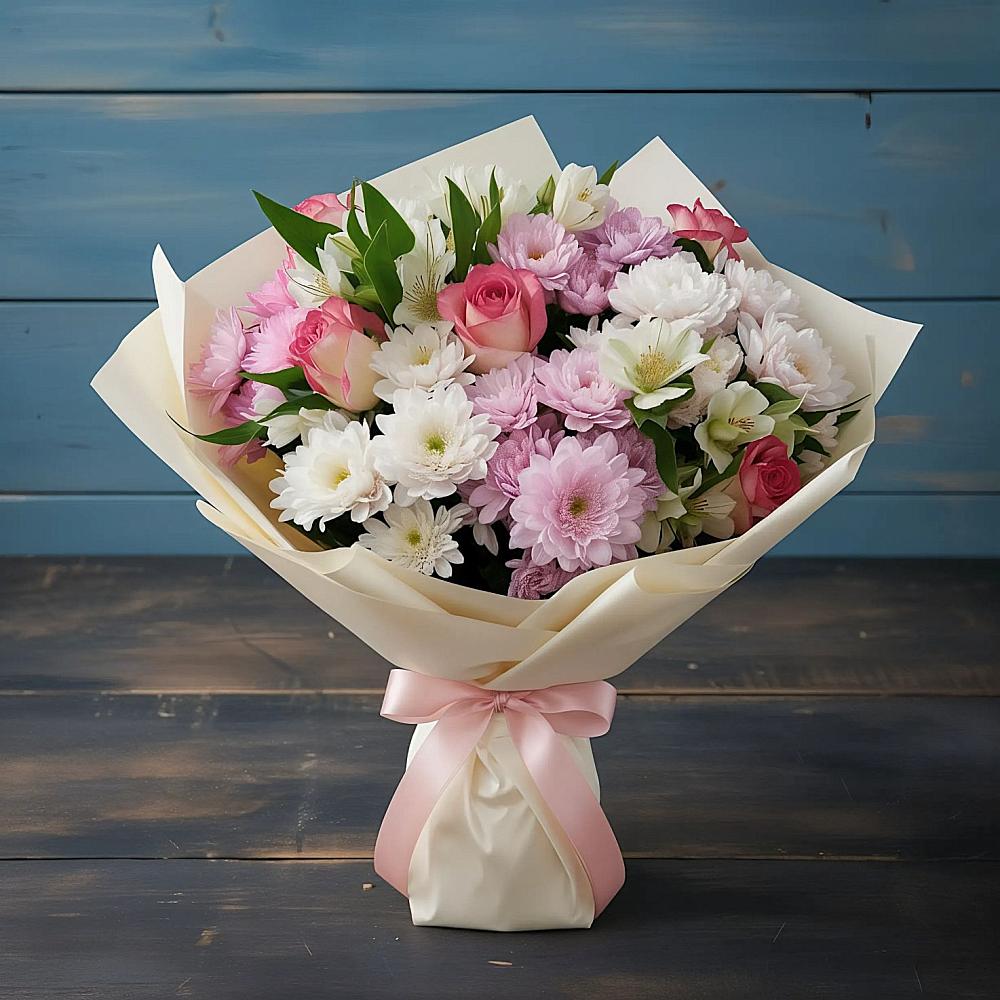 Букет цветов из: Хризантемы, Альстромерии и Розы в Морках